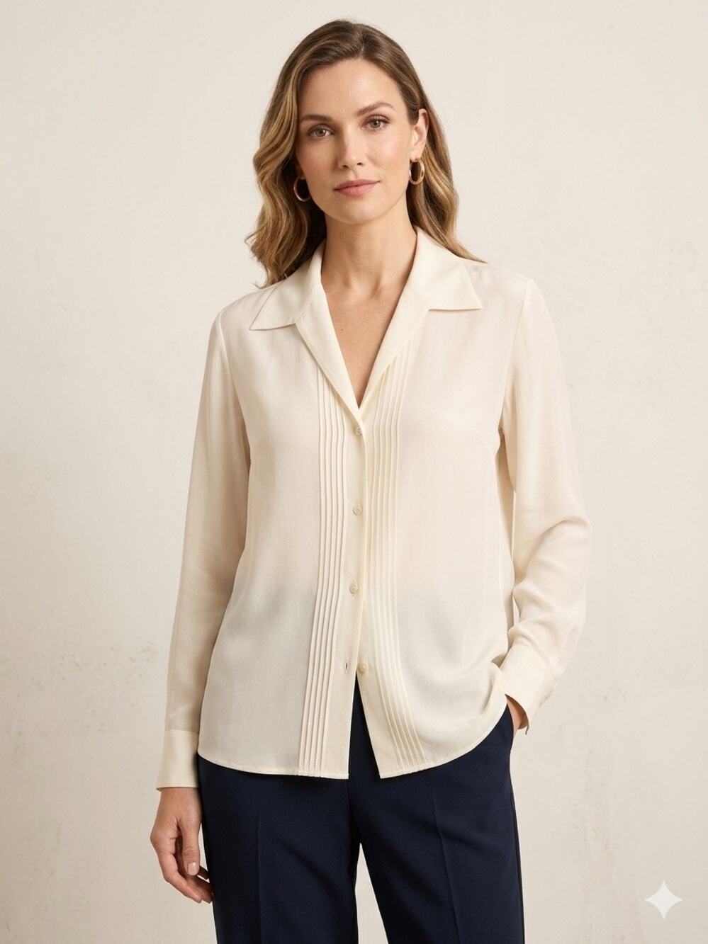 Vintage Evan Picone Ivory 100% Silk Long Sleeve Camp Collar Pin Tuck Blouse 12